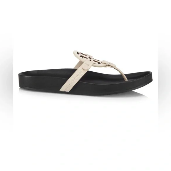 Tory Burch Authentic Leather Miller Cloud Leather Thong Slides Navy/Cream Size8M